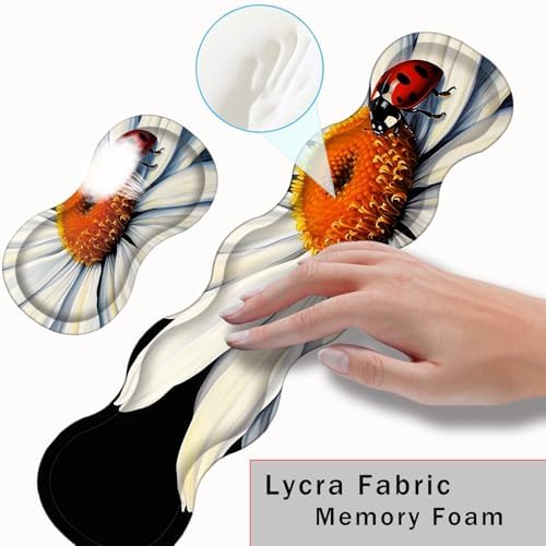 Keyboard Wrist Rest and Mouse Pad with Wrist Support Set Ergonomic Coaster,Memory Foam,Easy Typing Pain Relief,Large XL Desk Mat 31.5"x 11.8",Ladybug on Daisy Flower