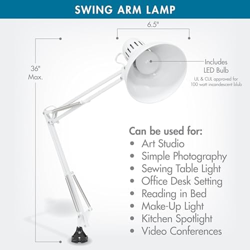 Studio Designs Swing Arm Lamp, 13-watt, White, 6.5" W x 7" D x 36" H