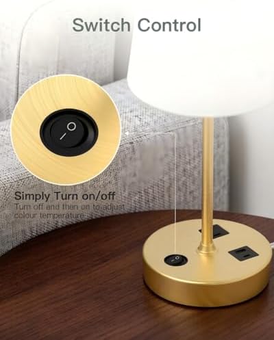 Addtam Bedroom Table Lamp, Bedside Lamp with AC Outlet and USB C Charging Ports(PD 20W), 3-Way Dimmable Lamp with Switch, Lamps with Shade for Night Stands, Living Room, Desk, and Home Office, 6.5Ft