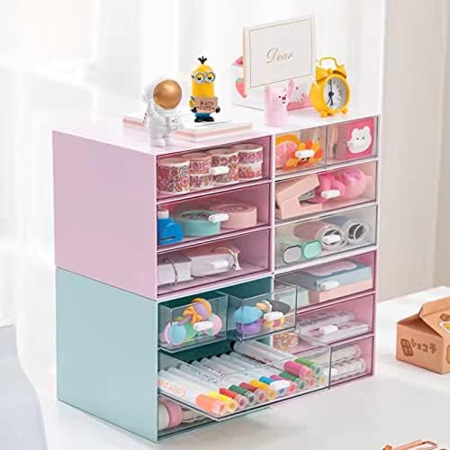 Desk Organizer with Drawer, Office Organizer with 4 Drawers, Desk Storage Box for, Desktop, Dressing table, Office, School, Home, Plastic Box and 4 Acrylic Drawers(Blue)