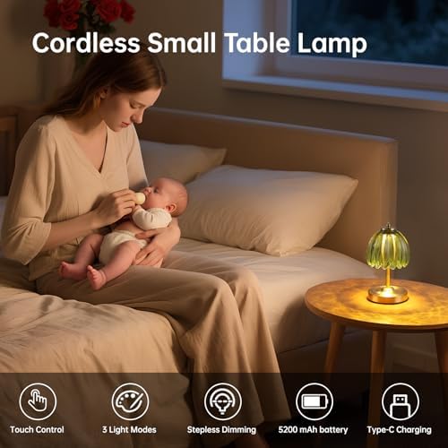 Shenmoyl Tulip Small Table Lamp, 5200mAh Cordless Touch Control Mini Table Lamp with 3 Color Temps & Stepless Dimming, Perfect for Small Spaces Like Dressers, Bedsides, Bookshelves (Green Tulip)