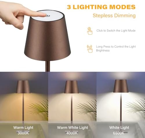 CHLORANTHUS 2 Pack Cordless Table Lamps, 3 Colors Stepless Dimming, 5000mAh Rechargeable Battery LED Desk Lamp for Bedroom/Couple Dinner/Desk/Cafe/Dining Room/Terrace