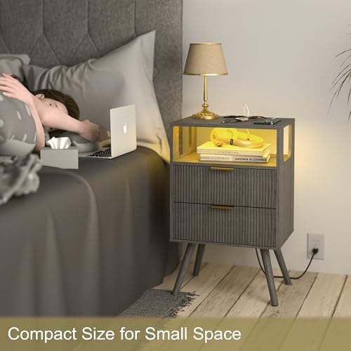 JOONEE Nightstand with Charging Station and LED Lights,Modern Bedside Table with 2 Storage Drawer and Open Wood Shelf, for Bedroom and Small Spaces,Night Stand with Solid Wood Legs,GreyOak