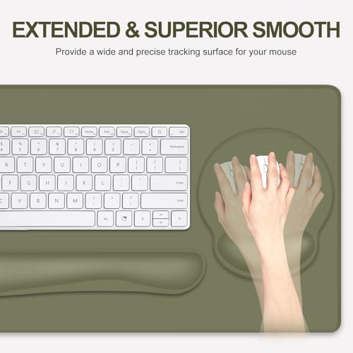 4 PCS Mouse Pad Desk Mat Protector, Keyboard Wrist Rest + Comfortable Mouse Pad Wrist Rest +Coaster, Large Gaming Mousepad for Computer Laptop, 35.4"X 15.7" Deskpad for Office Home I Olive Green