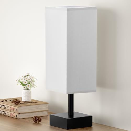 aooshine Small Bedside Table Lamp for Bedroom - Square Grey Fabric Shade