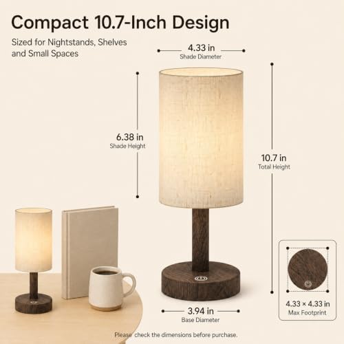 Small Rechargeable Cordless Table Lamp, Nightstand to Desk, Dark Walnut