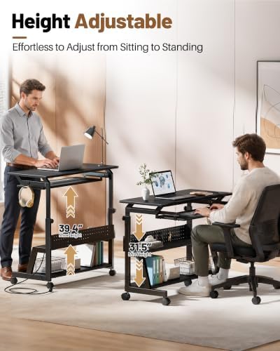 Rolling Computer Desk with Power Outlet, Adjustable Height Portable Desk