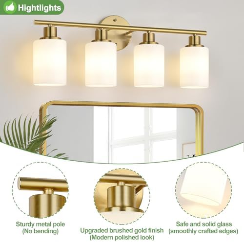 Zarbitta 4-Light Bathroom Light Fixtures, Brushed Gold Modern Vanity Lights with Milky White Frosted Glass Shades, Bathroom Wall Lamp for Mirror Kitchen Living Room