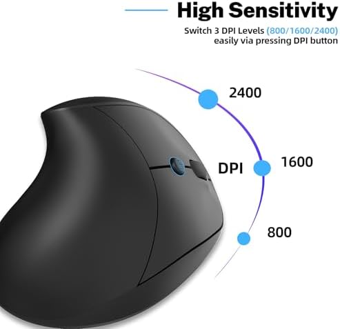 Ergonomic Mouse,Rechargeable Small Vertical Mouse with 6 Buttons Adjustable 800/1200/1600 DPI Purple Wireless Mouse for Laptop, Desktop, PC, MacBook (Black)