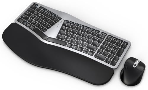MK960 Ergo Wireless Keyboard Mouse Combo, Bluetooth/2.4G Split Design Keyboard with Palm Rest and 4 Level DPI Adjustable Wireless Mouse, Multi-Device, Rechargeable, for Windows/Mac/Android(Silver)