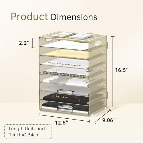 9-Tier Paper Organizer for Desk, Letter Tray with Handles, Golden Yellow