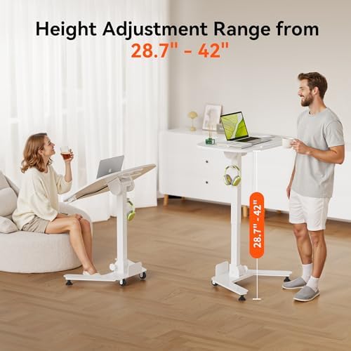 WALKINGDESK Foldable Pneumatic Height Adjustable Mobile Standing Desk with 90° Tiltable Tabletop, 27.2x18.9 Inch Portable Laptop Desk with Wheels, Holds Up to 66.1lbs for Home Office, Study, White