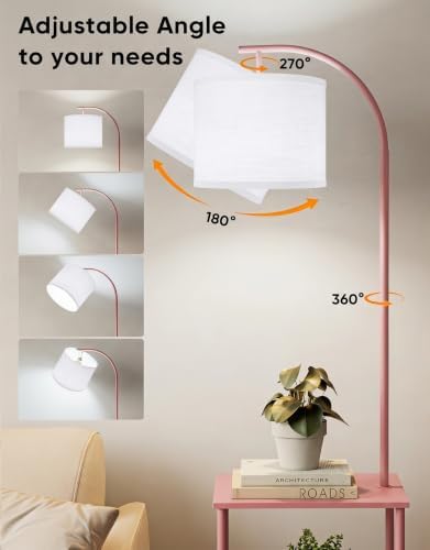 PARTPHONER Floor Lamp with Table, Night Stand with Lamp, Narrow Side Table with 3CCT LED Bulb, Small Coffee Table, Modern End Table with Storage Shelves for Living Room Bedroom Home Décor Pink