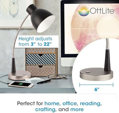 OttLite Adjust LED Desk Lamp with USB Port, Black and Silver