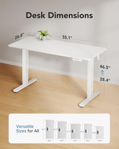 HUANUO Electric Standing Desk, Whole Piece Desktop, Adjustable Height Computer Desk, 4 Height Memory Settings, Sit Stand Up Desk for Home Office, 55" x 27", White