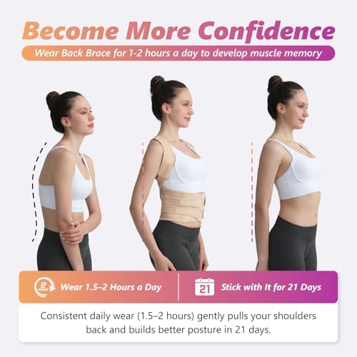 Posture Corrector for Women and Men, Adjustable Shoulder Straightener with Full Back Support, Relief for Lower & Upper Back Pain, Spine, Scoliosis Relief (Beige, Medium)