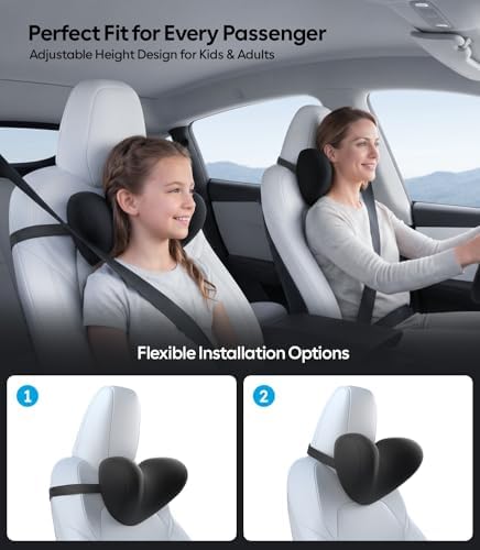 Wigoo Ergonomic Slim Car Headrest Pillow with Adjustable Strap, 2-Pack