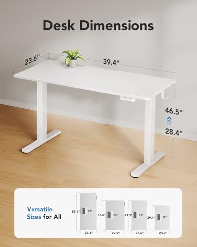 HUANUO Electric Standing Desk, Whole Piece Desktop, Adjustable Height Computer Desk, 4 Height Memory Settings, Sit Stand Up Desk for Home Office, 40" x 24", White