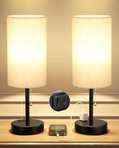 17.4" Cream Bedside Table Lamps Set of 2 - Bedroom Lamp, USB C+A, AC Outlet