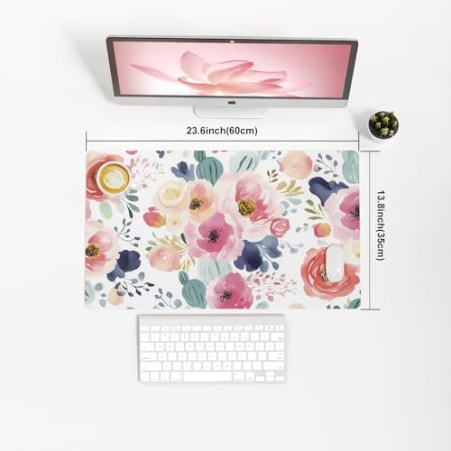 Faux Leather Large Mouse Pad, Office Desk Mat, 23.6"x13.8", Pink Floral