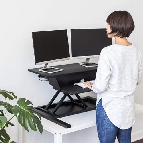 Stand Up Desk Store Power Pro Electric Adjustable Height Two Tier Standing Desk Converter (Black, 36" Wide)