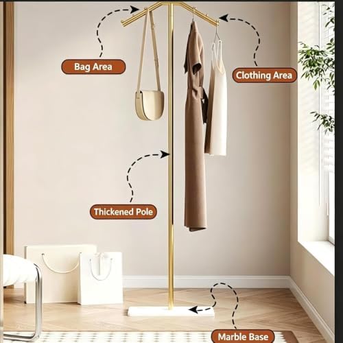 Gold Floor Lamp with Coat Rack, 3 Color Dimmable Standing Lamp with Hooks, Standing Floor Reading Light with Soft Linen, Freestanding Clothing Hanging Tall Lamp for Entryway Hallway Bedroom Apartment