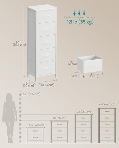 SONGMICS Dresser for Bedroom, Tall Dresser with 5 Fabric Drawers