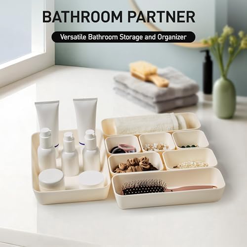 ISSEVE 8Pcs Silicone Drawer Organizer Trays for Bathroom, 4 Sizes, White