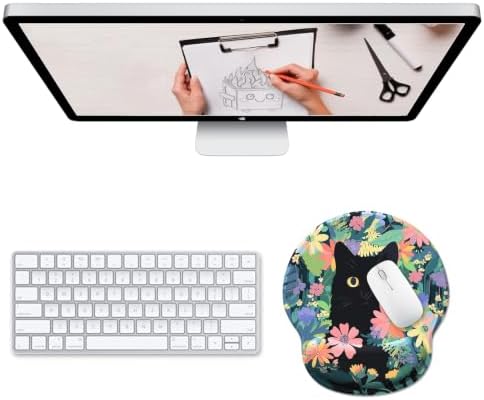 Hancynir Flower Black Cat Ergonomic Mouse Pad with Wrist Support Desk Decor