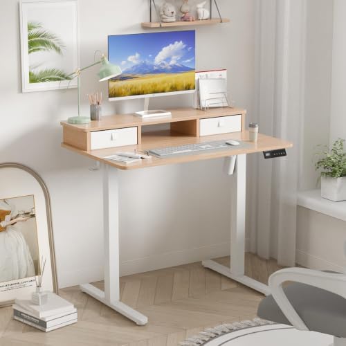35" x 24" Electric Standing Desk with Dual Drawers, Light Walnut
