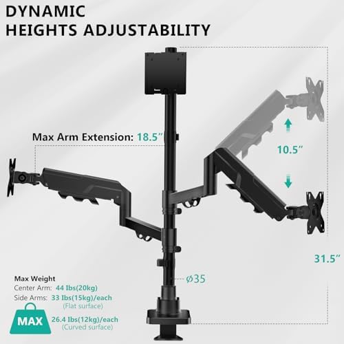 WALI Triple Monitor Mount - Extra Tall 3 Monitor Desk Mount for 17-49 Inch Ultrawide Screens, Up to 44 lbs, Fully Adjustable Heavy Duty Monitor Arm, VESA 75/100 mm (GSDM003-P), Black