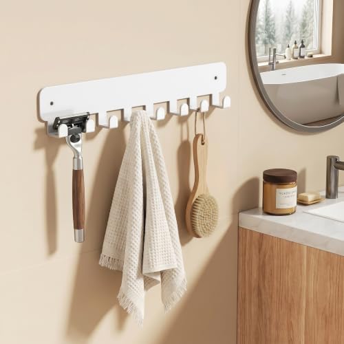 pickpiff Key Holder Wall Mount, Adhesive Key Rack with 8 Hooks Hanger for Car Key Ring, Metal Key Chain Organizer, White 1 Pack