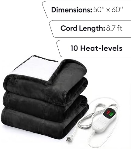 Heated Blanket Electric Throw 50"x60" – Safe Electric Heating Blanket with Auto Shut-Off & Overheat Protection, 10 Heat Settings, Washable Heated Throw for Couch, Bed, Office & Dorm, Charcoal Black