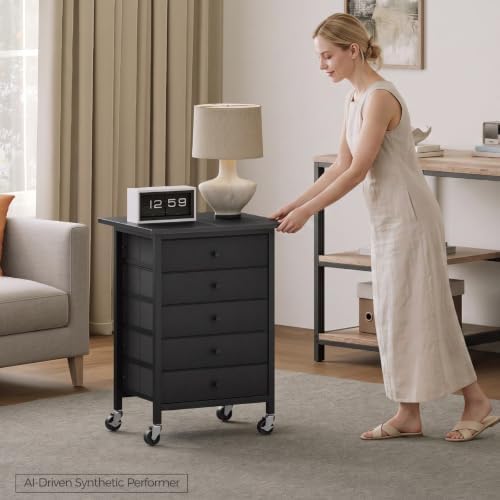 MAHANCRIS 5 Drawer File Cabinet,Rolling Filing Chest Cabinet with Wheels, Under Desk Storage Organizer, Printer Stand with Non-Woven Fabric Drawer, for Home Office, Study, Black FCBK4801