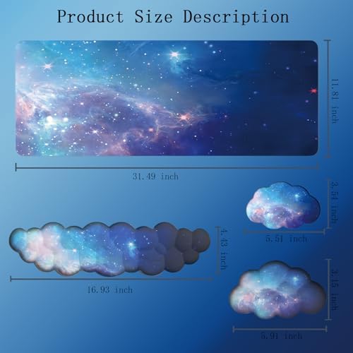 Cloud Wrist Rest Keyboard Galaxy Mouse Pad Set Gradient Blue Large Desk Mat Ergonomic Space Wrist Pad Memory Foam Non-Slip Stars Wrist Support for Computer Laptop Gaming Home Office Relief Typing Pain