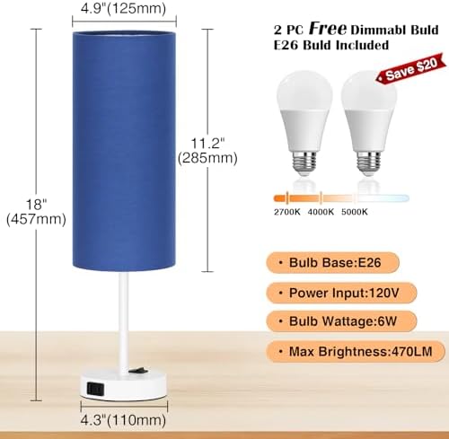 ZJOJO 18" Bedside Lamp for Bedroom Set of 2 Dimmable Table Lamp, AC Outlet