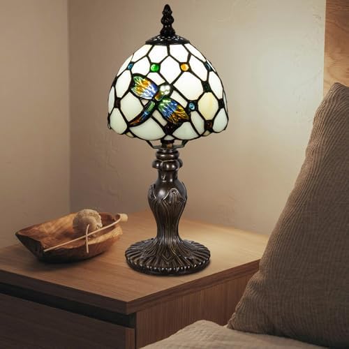 Small Tiffany Table Lamp, 3 Color-Temperature Dragonfly Stained Glass Lamp,6 Inch Tiffany Style Lamp for Bedroom Living Room Home, Handcrafted Light, Included Bulb (Warm White)