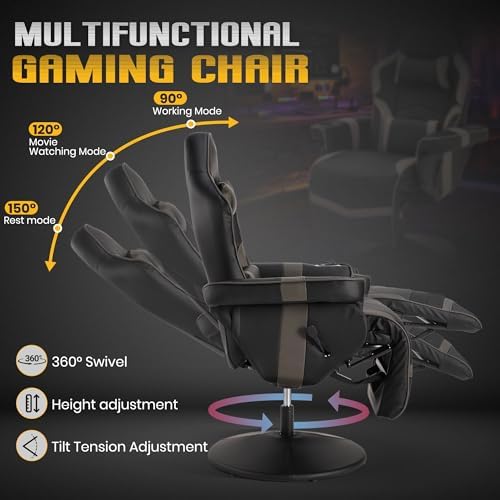 Massage Gaming Recliner Chair with Cup Holder & Side Pockets – Ergonomic PU Leather Video Gaming Chair with Footrest, Manual Recline, Headrest & Lumbar Support for Office or Game Room (Grey)