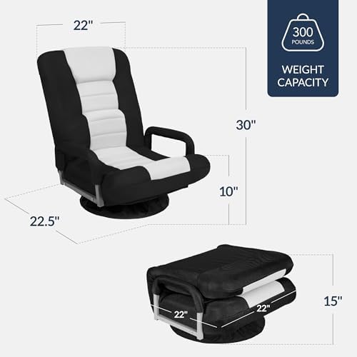 Best Choice Products Swivel Gaming Chair 360 Degree Multipurpose Floor Chair Rocker for TV, Reading, Playing Video Games w/Lumbar Support, Armrest Handles, Adjustable Foldable Backrest - Black/White