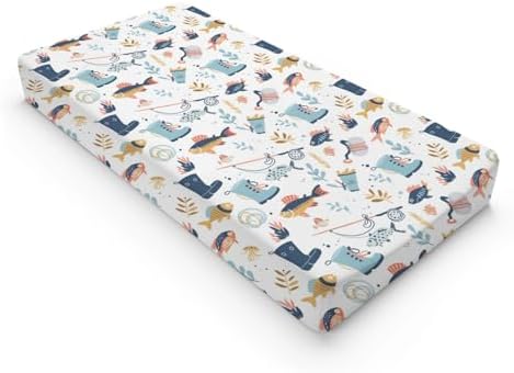 Cartoon Summer Fishing Fishes Leaves Pattern Baby Changing Pad Cover, Unisex Fishing Nursery Diaper Changing Table Pad Mat Sheet for Boys Girls-16x32