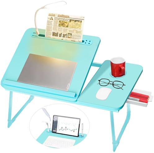 CloudTrip Plus XL Adjustable Laptop Desk with Light, USB Port, iPad Holder, Drawer Storage - Larger 23.6IN Adjustable Lap Desk for Bed, Home Office, Breakfast Tray, Fordable Legs Desk (Light Blue)