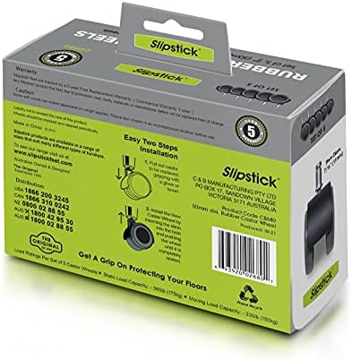 Slipstick CB680 50mm (2 Inch) Floor Protecting Rubber Office Chair Caster Wheels (Set of 5) Standard Stem Size - Black/Gray