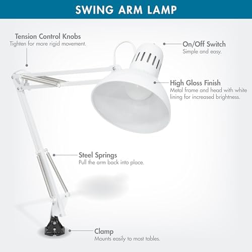 Studio Designs Swing Arm Lamp, 13-watt, White, 6.5" W x 7" D x 36" H