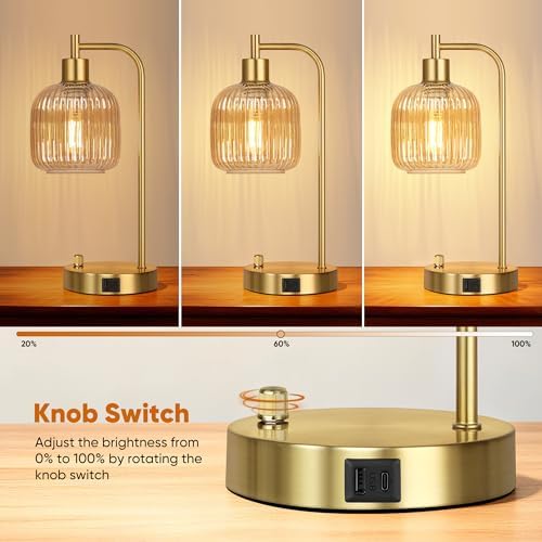 Champagne Glass Table Lamps Set of 2, Dimmable Bedside Lamps for Bedroom