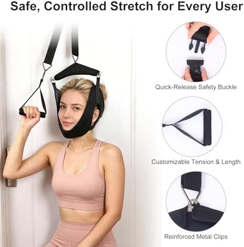 Over Door Cervical Decompression Strap, Adjustable Neck Hammock Traction Gear with Safety Lock & Comfort Grip, Home Neck Sling for Stiffness Pinched Nerve Relief, Fits Standard Door Panels