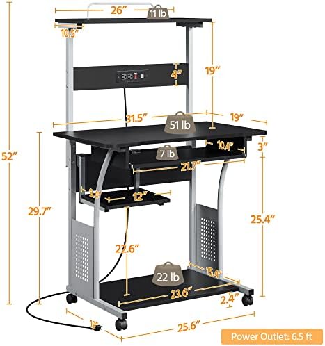 Topeakmart Rolling Computer Desk with Charging Station and 2 USB Ports for Small Space, Study Writing Desk with Keyboard Tray and Printer Shelf for Home Office, Compact Study Table with Wheels, Black