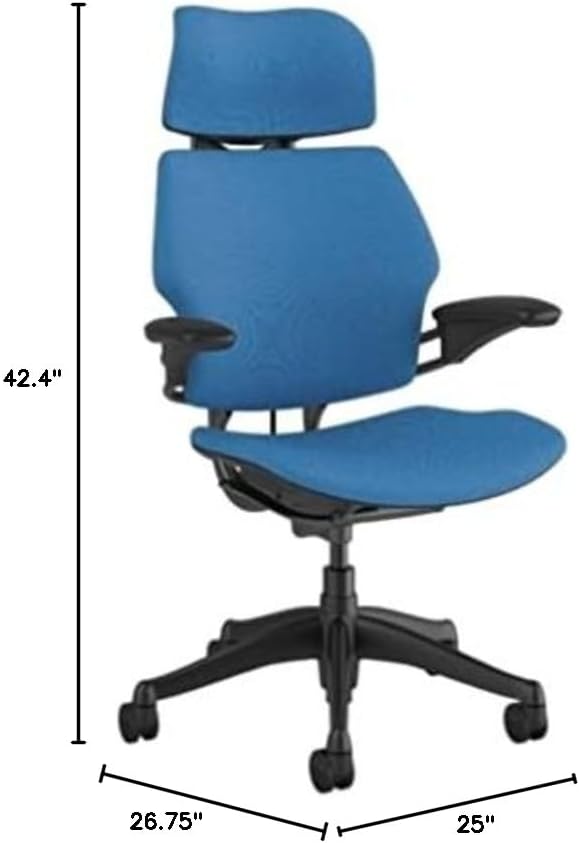 Humanscale Freedom Office Chair with Headrest - Ergonomic Work Chair with Standard Height Adjustable Duron Arms - Wheels for Carpet - Graphite Frame with Azure Corde 4 Fabric