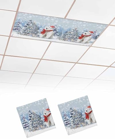 Blue Christmas Magnetic Fluorescent Light Covers for Ceiling Lights 2 x 4 Feet,Snowflakes Retro Snowy Xmas Tree Bear Office Classroom Kitchen Drop Ceiling Light Covers Filters Shade Panel 2 Packs