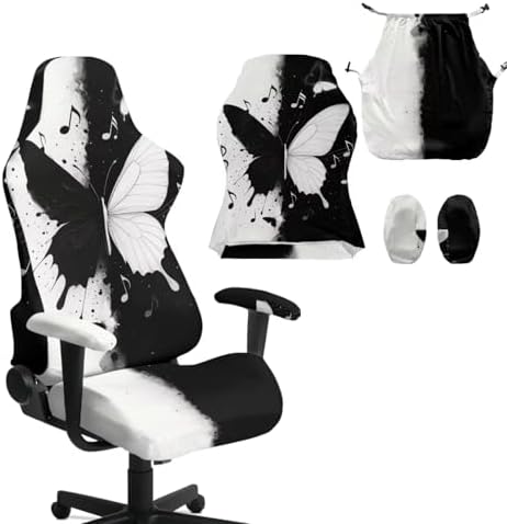 Butterfly Gaming Chair Cover with Armrest Cover Zipper Design Easy to Install Black White Painting Universal Slipcover Scratch Proof Non-Slip Rotating Desk Chair Protector,4 Pcs