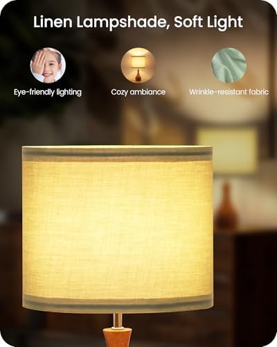 Green Table Lamp, 14.2" Small Bedside Lamp, Wood Table Lamp with Green Linen Lampshade & Dark Wood Base, Modern Nightstand Lamp for Bedroom, E26 Base, Bulb Not Included, LJ09TL05